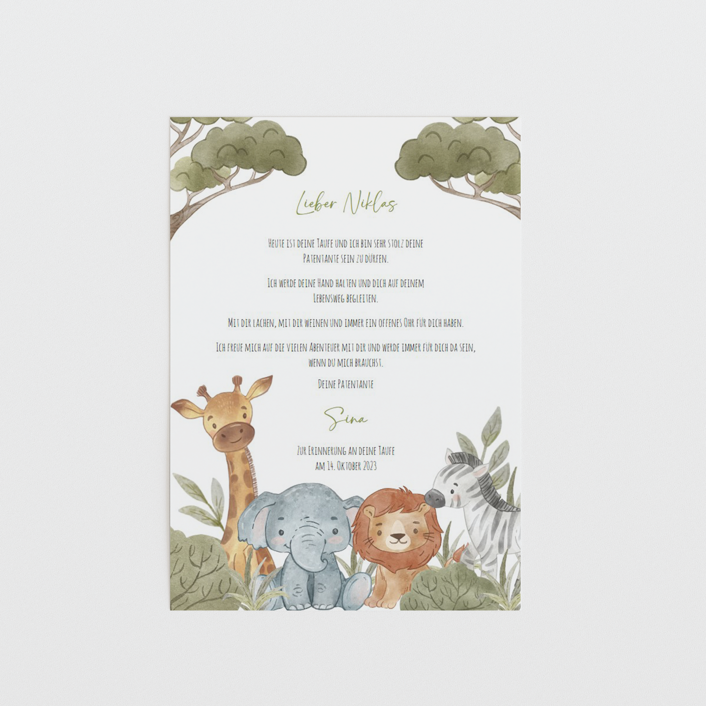 Patenbrief Taufe "Safarie-Tiere" – Geschenk Taufe Patenkind personalisiert Gifts For The Couple Papier Träume