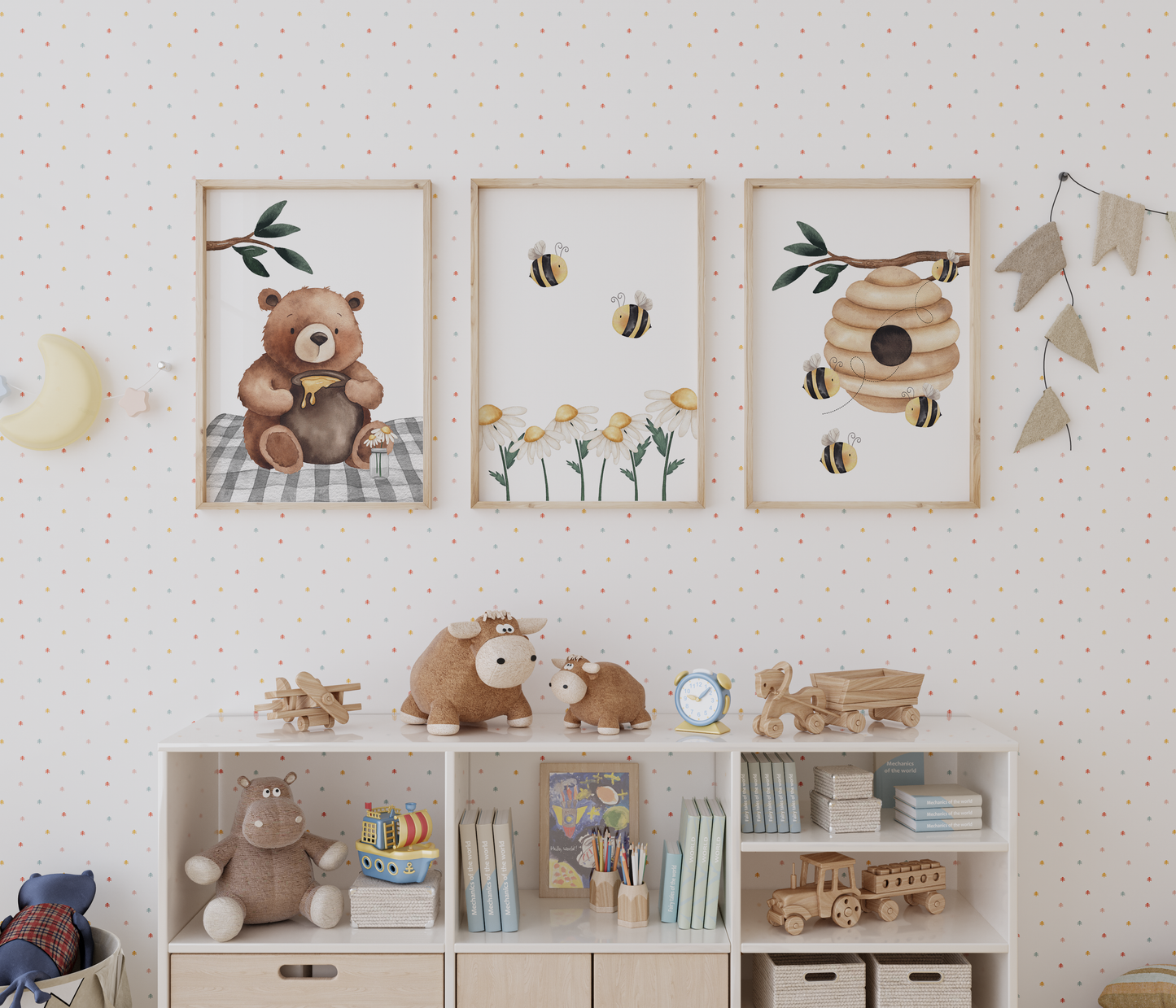 Kinderzimmer Poster 3er Set BÄRCHEN MIT BIENEN Wandbild Kinderposter Geschenk zur Geburt / Einschulung Papier Träume