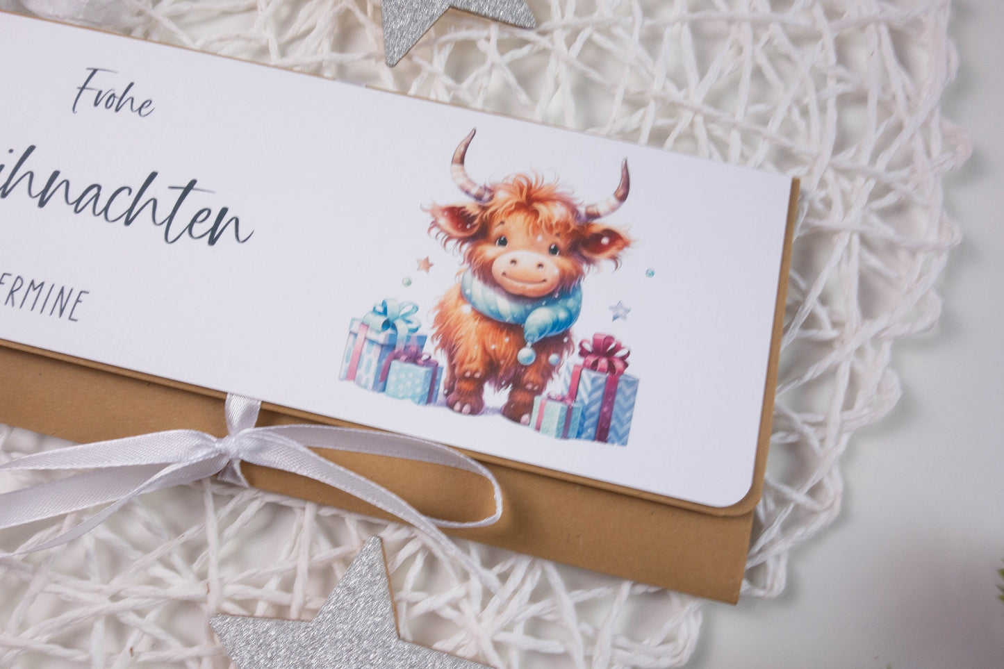 Verpackung Geld/Gutschein zu Weihnachten "Hihgland Cow" personalisiert Papier Träume
