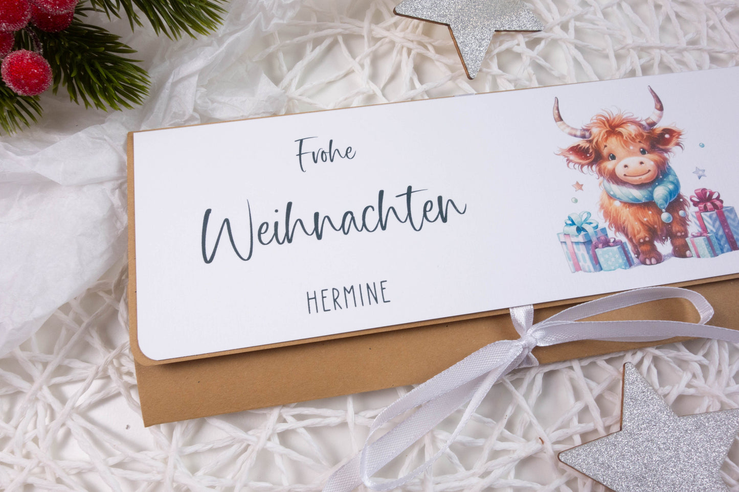 Verpackung Geld/Gutschein zu Weihnachten "Hihgland Cow" personalisiert Papier Träume