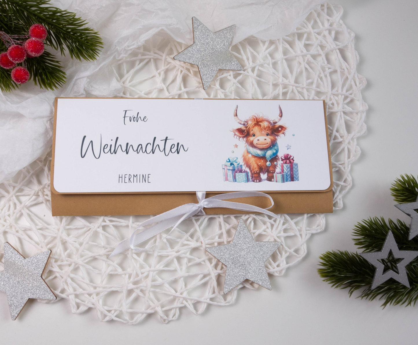 Verpackung Geld/Gutschein zu Weihnachten "Hihgland Cow" personalisiert Papier Träume