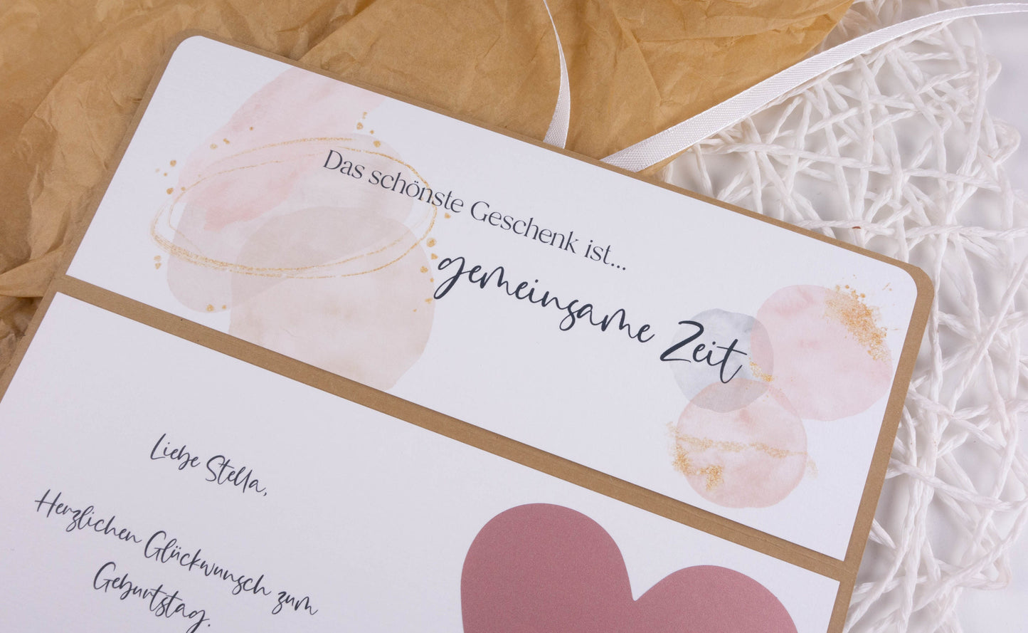 Gutscheinkarte "Zeit statt Zeug - rosa" personalisiert mit Rubbelherz Papier Träume