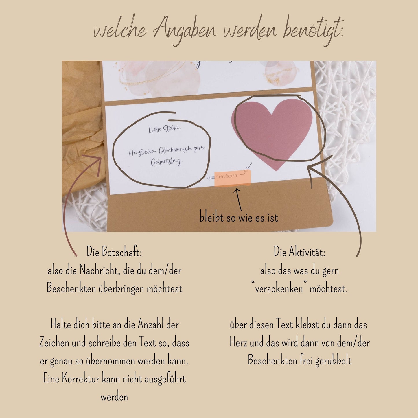 Gutscheinkarte "Zeit statt Zeug - rosa" personalisiert mit Rubbelherz Papier Träume