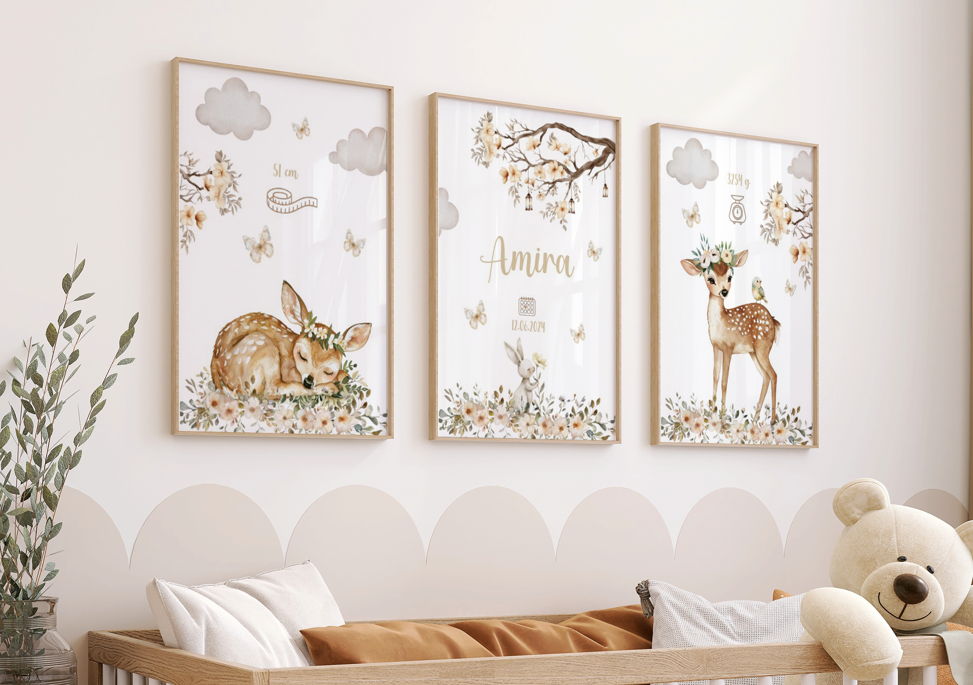 Kinderzimmer Poster 3er Set REHKITZ personalisiert Wandbild Kinderposter Geschenk zur Geburt / Einschulung Papier Träume