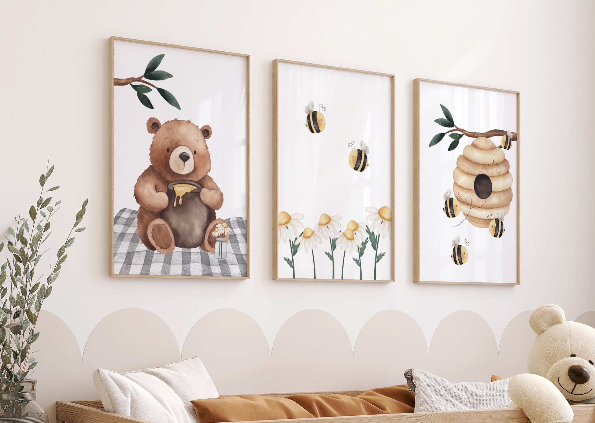 Kinderzimmer Poster 3er Set BÄRCHEN MIT BIENEN Wandbild Kinderposter Geschenk zur Geburt / Einschulung Papier Träume