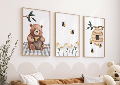 Kinderzimmer Poster 3er Set BÄRCHEN MIT BIENEN Wandbild Kinderposter Geschenk zur Geburt / Einschulung Papier Träume
