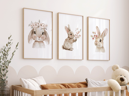 Kinderzimmer Poster 3er Set HÄSCHEN MIT BLUMEN Wandbild Kinderposter Geschenk zur Geburt / Einschulung Papier Träume