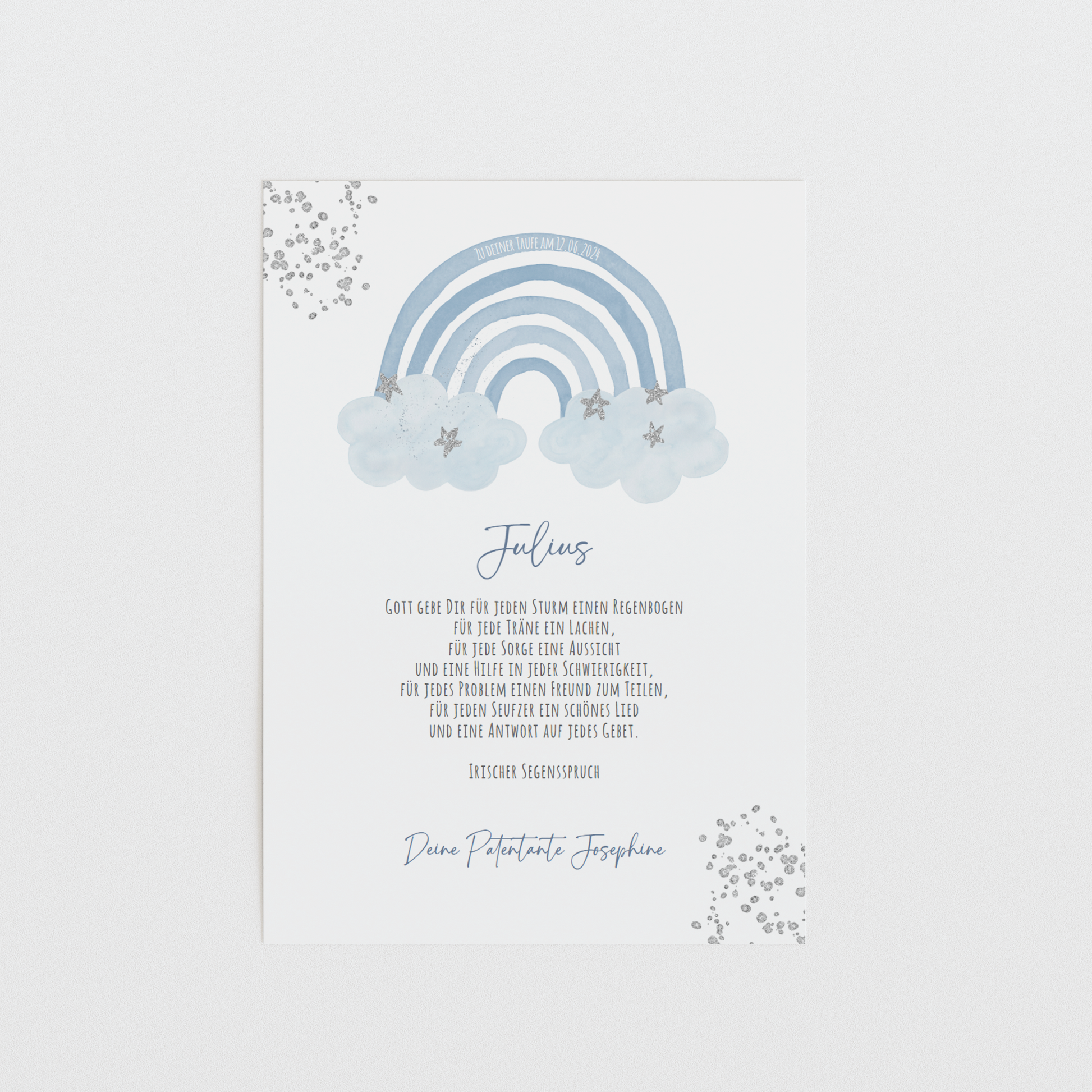 Patenbrief "REGENBOGEN BLAU" – Geschenk zu Taufe für das Patenkind personalisiert Gifts For The Couple Papier Träume