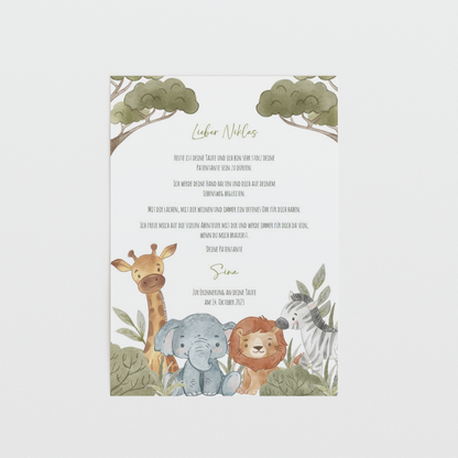 Patenbrief Taufe "Safarie-Tiere" – Geschenk Taufe Patenkind personalisiert Gifts For The Couple Papier Träume