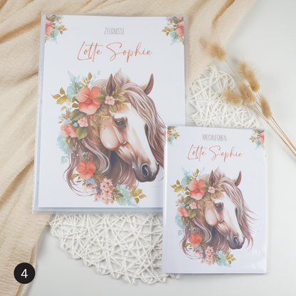 Zeugnismappe Hausaufgabenheft "Pferd mit Blumen - verschiedene" personalisiert Office & School Supplies Papier Träume