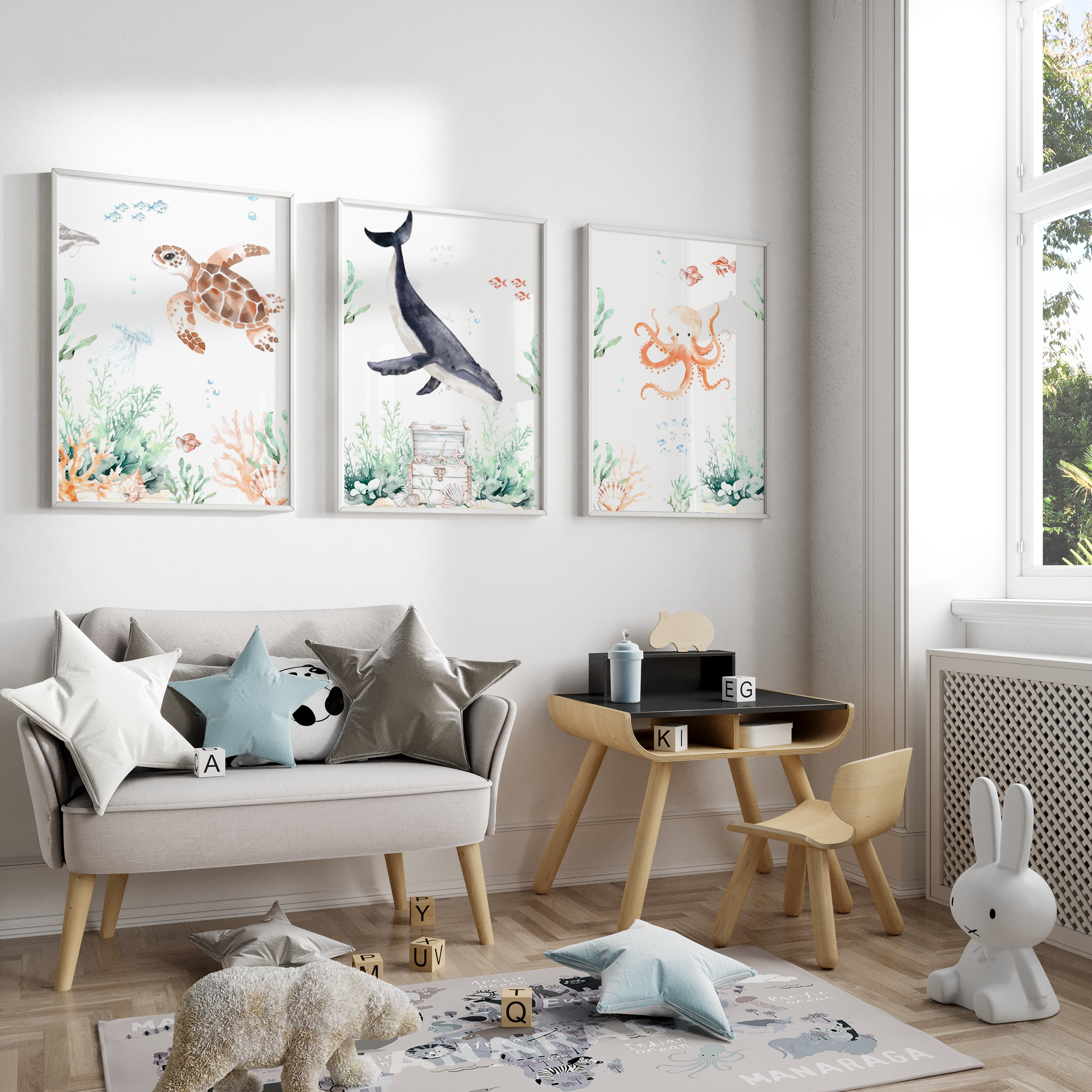 Kinderzimmer Poster 3er Set UNTER WASSER Wandbild Kinderposter Geschenk zur Geburt / Einschulung Papier Träume