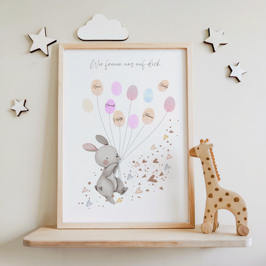 Gästebild Babyparty HASE MIT HERZEN für Fingerabdrücke zum beschriften als Geschenk zur Babyshower als Gästebuch Papier Träume