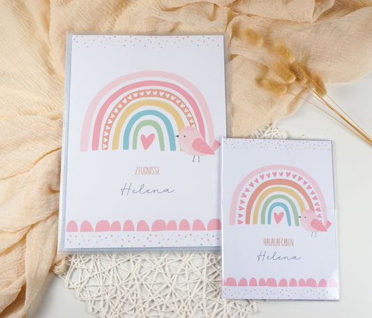 Zeugnismappe Hausaufgabenheft "REGENBOGEN VOGEL ROSA" personalisiert Office & School Supplies Papier Träume