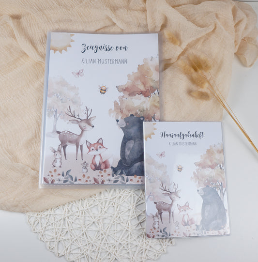 Zeugnismappe Hausaufgabenheft "WALDTIERE BOHO" personalisiert Office & School Supplies Papier Träume