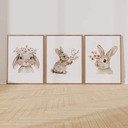 Kinderzimmer Poster 3er Set HÄSCHEN MIT BLUMEN Wandbild Kinderposter Geschenk zur Geburt / Einschulung Papier Träume