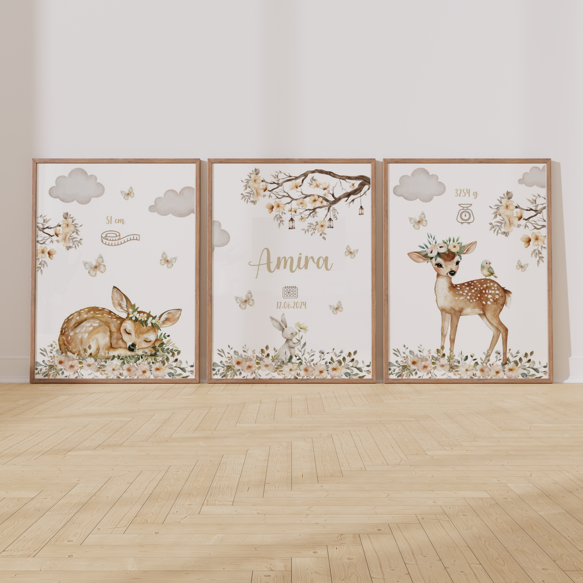 Kinderzimmer Poster 3er Set REHKITZ personalisiert Wandbild Kinderposter Geschenk zur Geburt / Einschulung Papier Träume