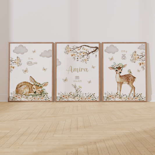 Kinderzimmer Poster 3er Set REHKITZ personalisiert Wandbild Kinderposter Geschenk zur Geburt / Einschulung Papier Träume