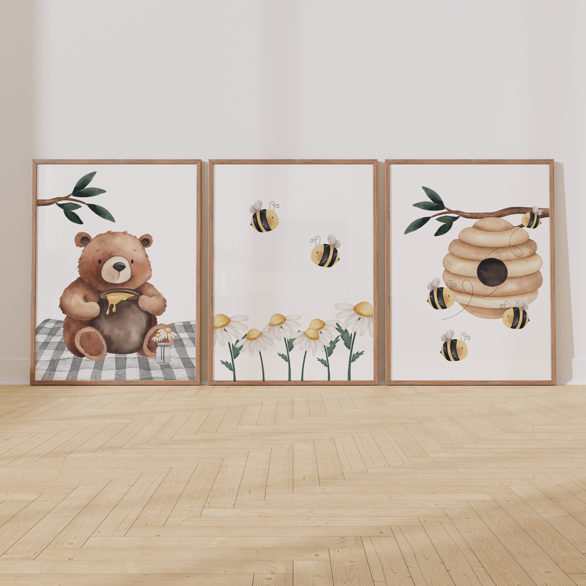 Kinderzimmer Poster 3er Set BÄRCHEN MIT BIENEN Wandbild Kinderposter Geschenk zur Geburt / Einschulung Papier Träume