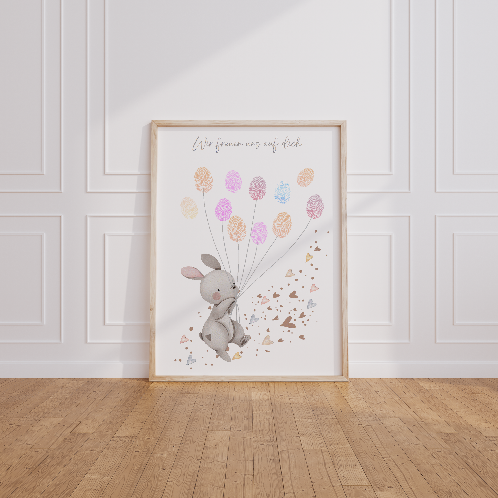 Gästebild Babyparty HASE MIT HERZEN für Fingerabdrücke zum beschriften als Geschenk zur Babyshower als Gästebuch Papier Träume