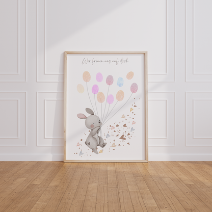 Gästebild Babyparty HASE MIT HERZEN für Fingerabdrücke zum beschriften als Geschenk zur Babyshower als Gästebuch Papier Träume