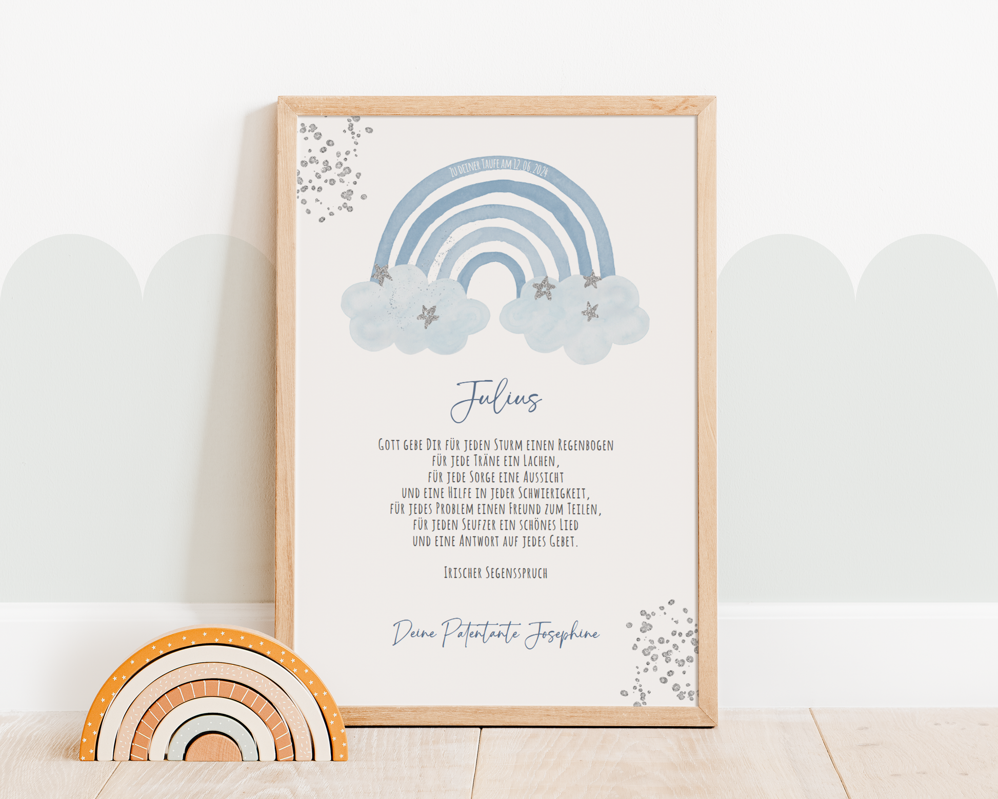 Patenbrief "REGENBOGEN BLAU" – Geschenk zu Taufe für das Patenkind personalisiert Gifts For The Couple Papier Träume