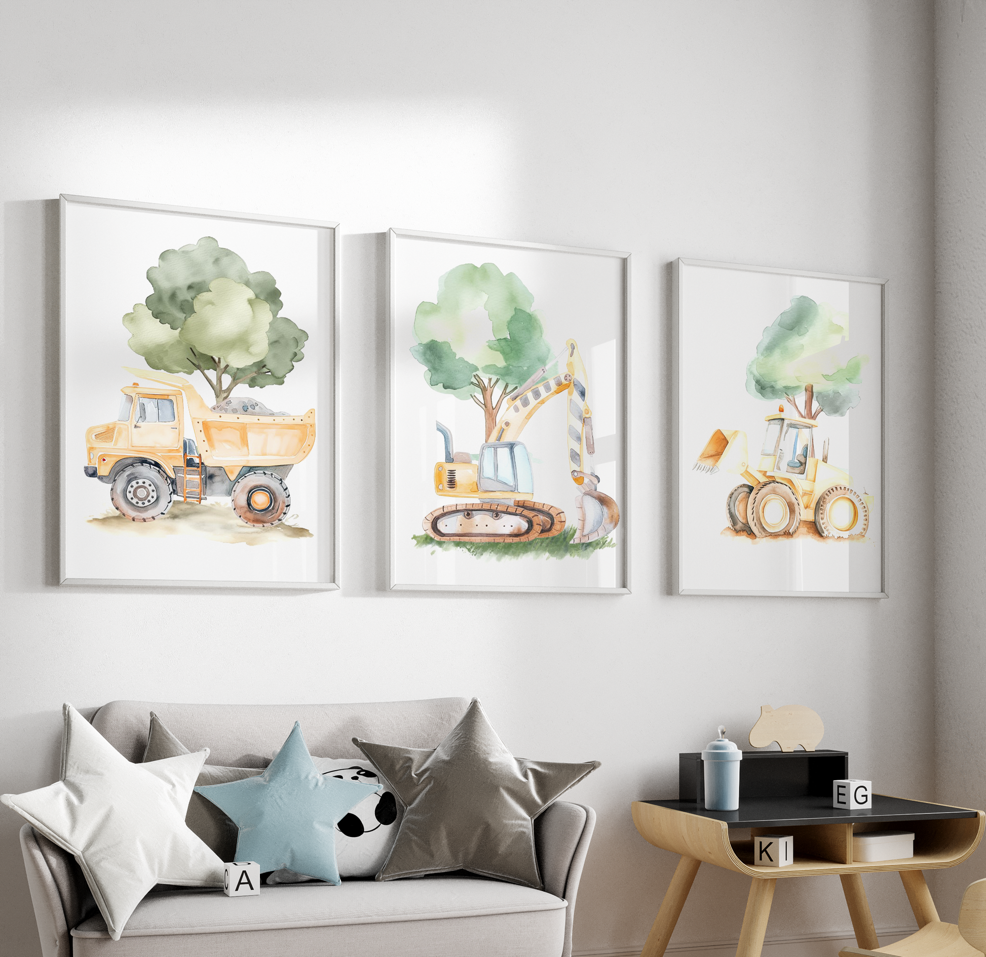 Kinderzimmer Poster 3er Set BAUSTELLE Wandbild Kinderposter Geschenk zur Geburt / Einschulung Papier Träume