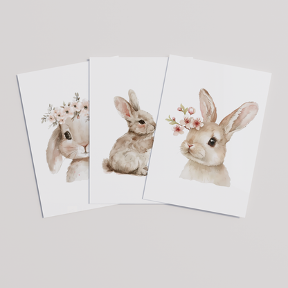 Kinderzimmer Poster 3er Set HÄSCHEN MIT BLUMEN Wandbild Kinderposter Geschenk zur Geburt / Einschulung Papier Träume
