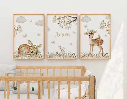Kinderzimmer Poster 3er Set REHKITZ personalisiert Wandbild Kinderposter Geschenk zur Geburt / Einschulung Papier Träume