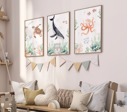 Kinderzimmer Poster 3er Set UNTER WASSER Wandbild Kinderposter Geschenk zur Geburt / Einschulung Papier Träume