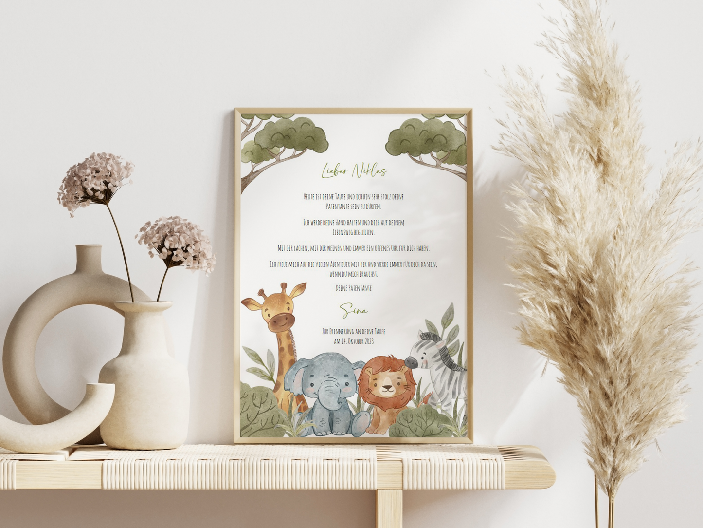 Patenbrief Taufe "Safarie-Tiere" – Geschenk Taufe Patenkind personalisiert Gifts For The Couple Papier Träume