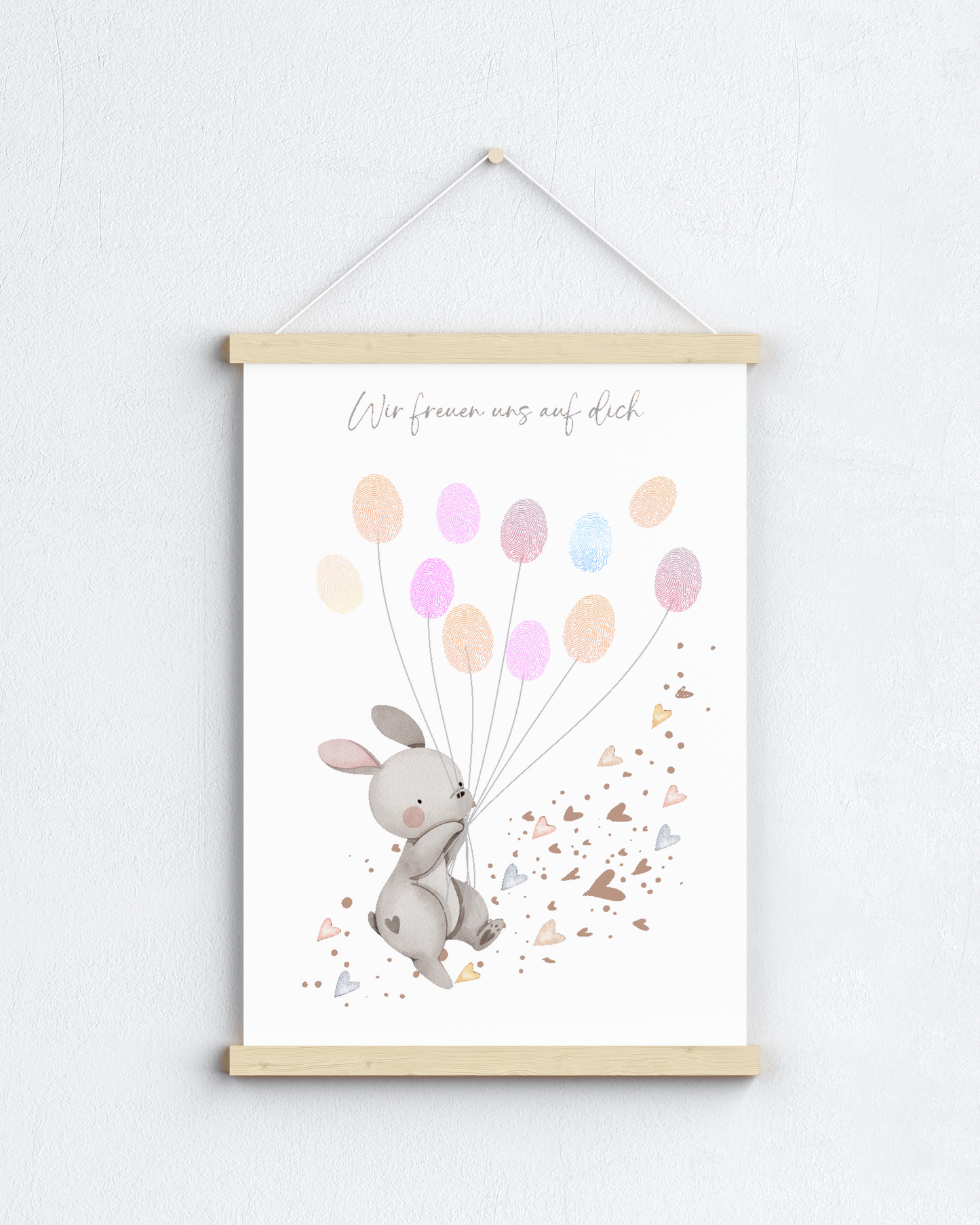 Gästebild Babyparty HASE MIT HERZEN für Fingerabdrücke zum beschriften als Geschenk zur Babyshower als Gästebuch Papier Träume