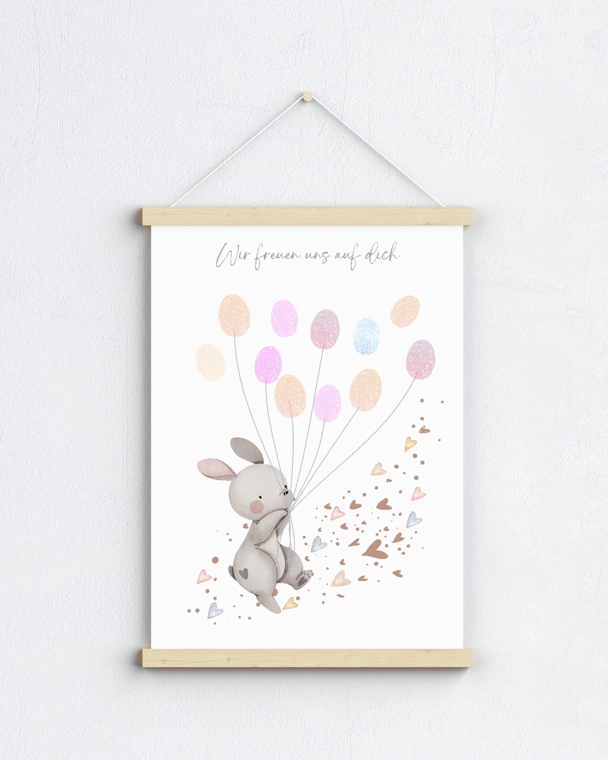 Gästebild Babyparty HASE MIT HERZEN für Fingerabdrücke zum beschriften als Geschenk zur Babyshower als Gästebuch Papier Träume