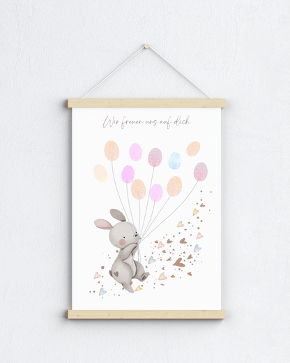 Gästebild Babyparty HASE MIT HERZEN für Fingerabdrücke zum beschriften als Geschenk zur Babyshower als Gästebuch Papier Träume