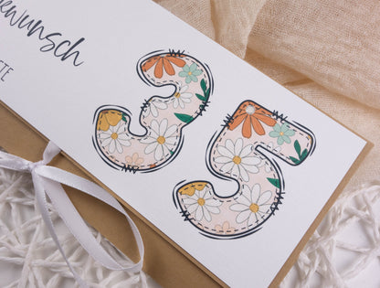 Verpackung Geld/Gutschein zum Geburtstag "Zahl blumig" personalisiert Papier Träume