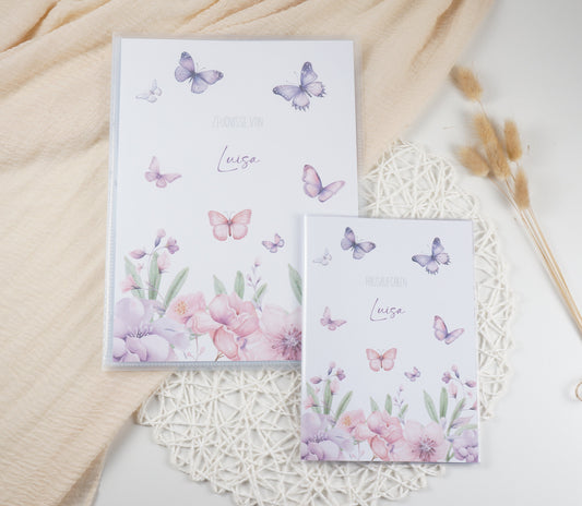 Zeugnismappe Hausaufgabenheft "SCHMETTERLINGE BLUMEN LILA" personalisiert Office & School Supplies Papier Träume