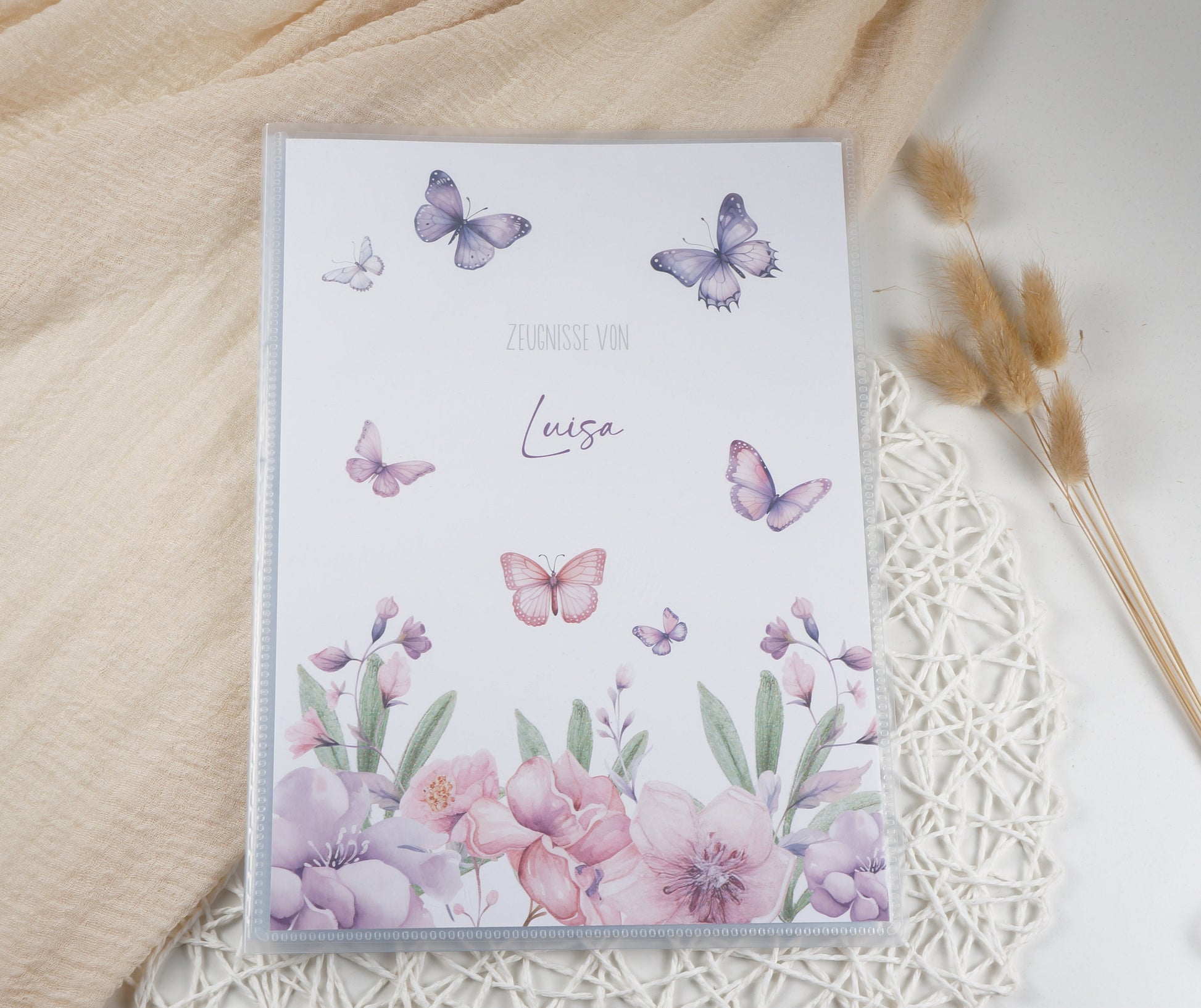 Zeugnismappe Hausaufgabenheft "SCHMETTERLINGE BLUMEN LILA" personalisiert Office & School Supplies Papier Träume