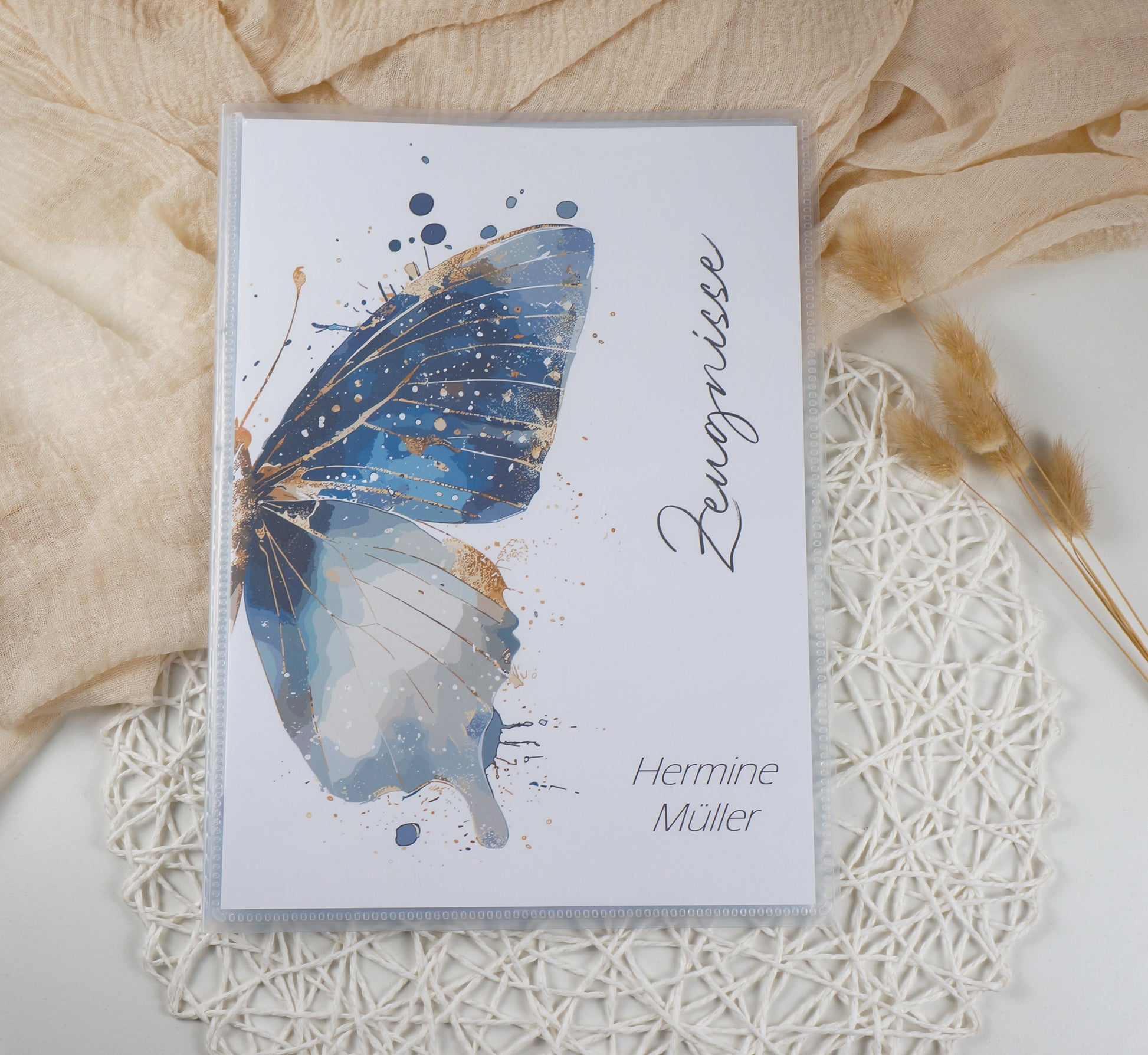 Zeugnismappe Hausaufgabenheft "SCHMETTERLING BLAU GOLD" personalisiert Office & School Supplies Papier Träume