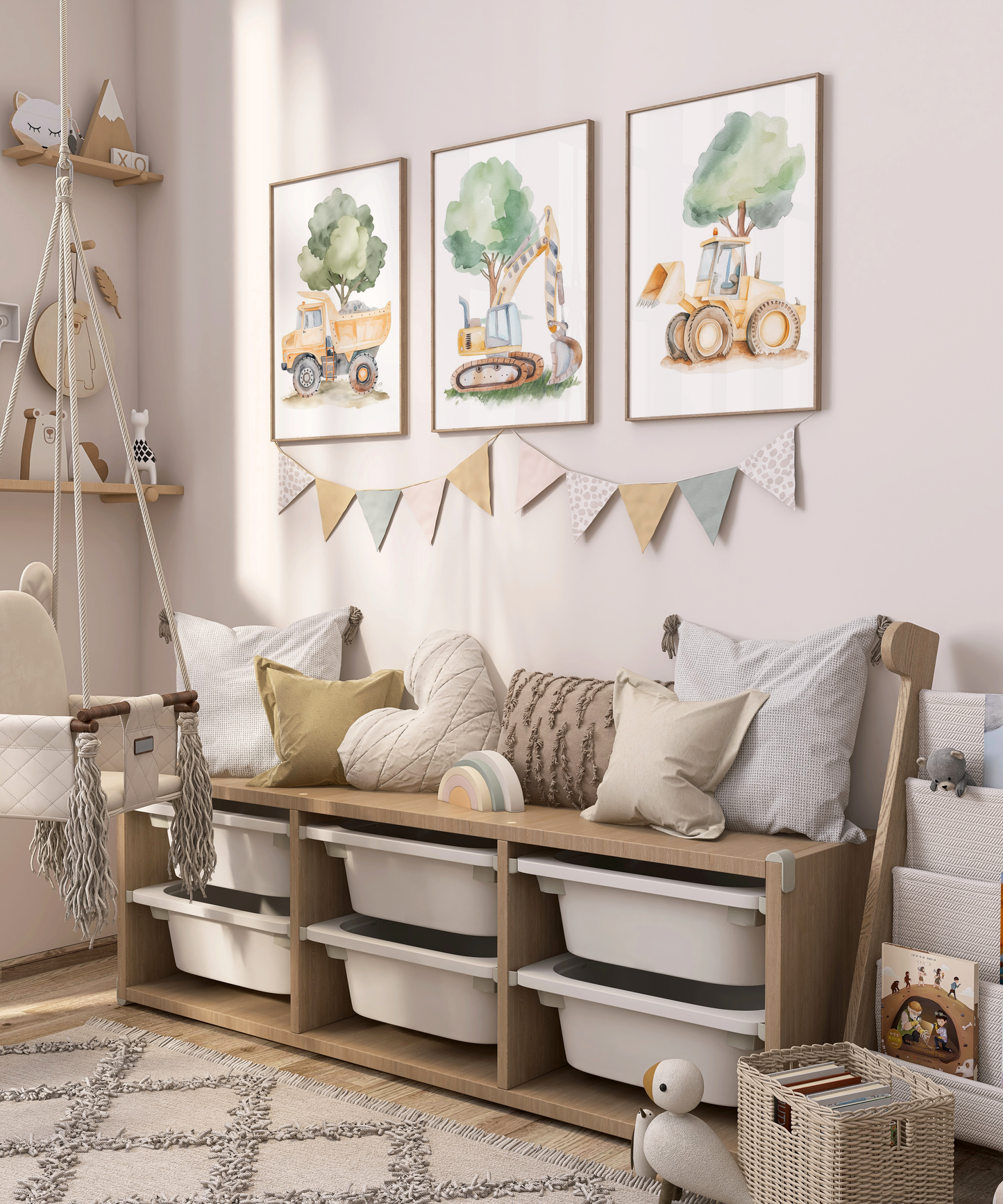 Kinderzimmer Poster 3er Set BAUSTELLE Wandbild Kinderposter Geschenk zur Geburt / Einschulung Papier Träume