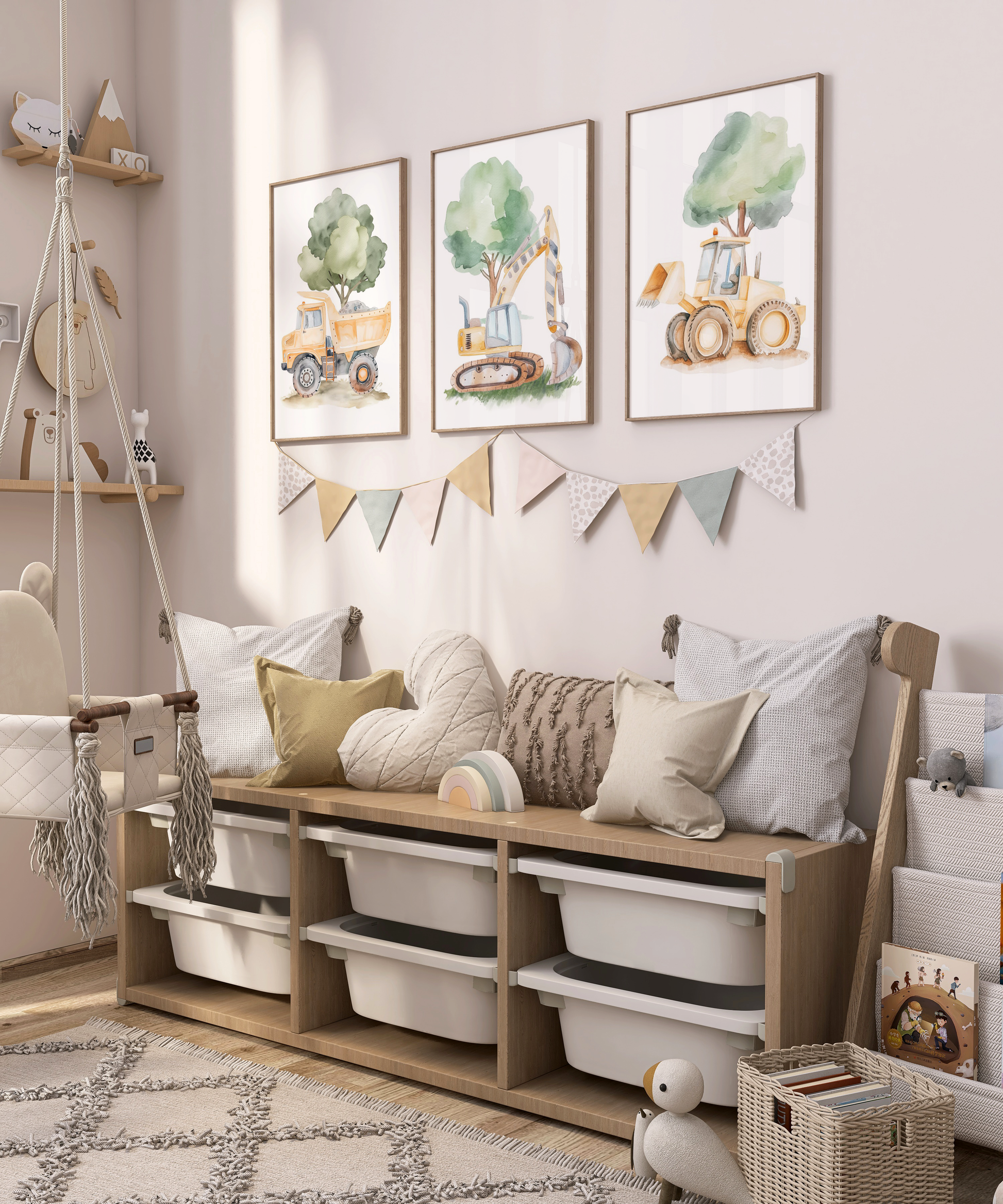 Kinderzimmer Poster 3er Set BAUSTELLE Wandbild Kinderposter Geschenk zur Geburt / Einschulung Papier Träume