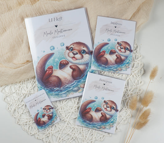 U-Heft/Impfpass/Reisepass personalisiert SCHWIMMENDER OTTER - Geschenk zur Geburt Passport Covers Papier Träume