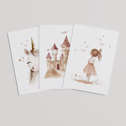 Kinderzimmer Poster 3er Set PRINZESSIN EINHORN Wandbild Kinderposter Geschenk zur Geburt / Einschulung Papier Träume